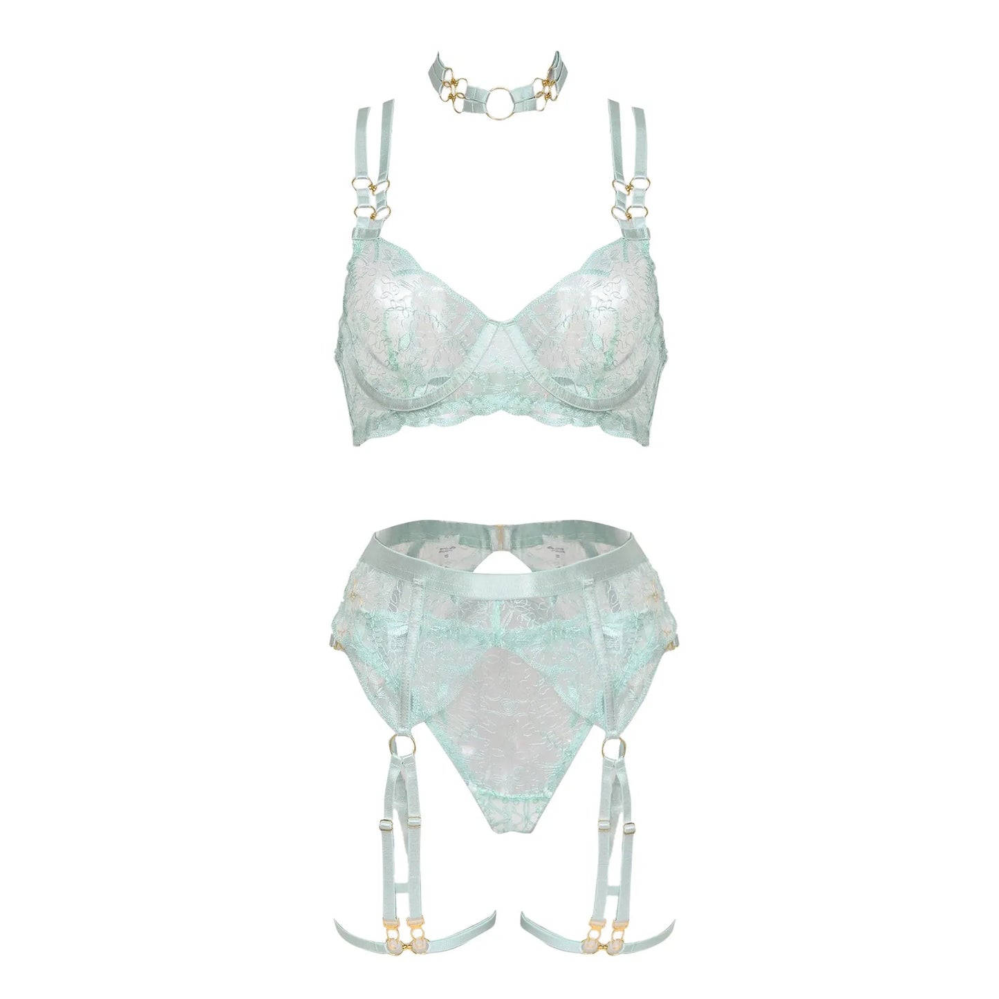Fashion Solid Color Underwear Set Perspective Embroidery Lace Elegant Steel Support Bra Garter Belt Leg Loop Erotic Lingerie